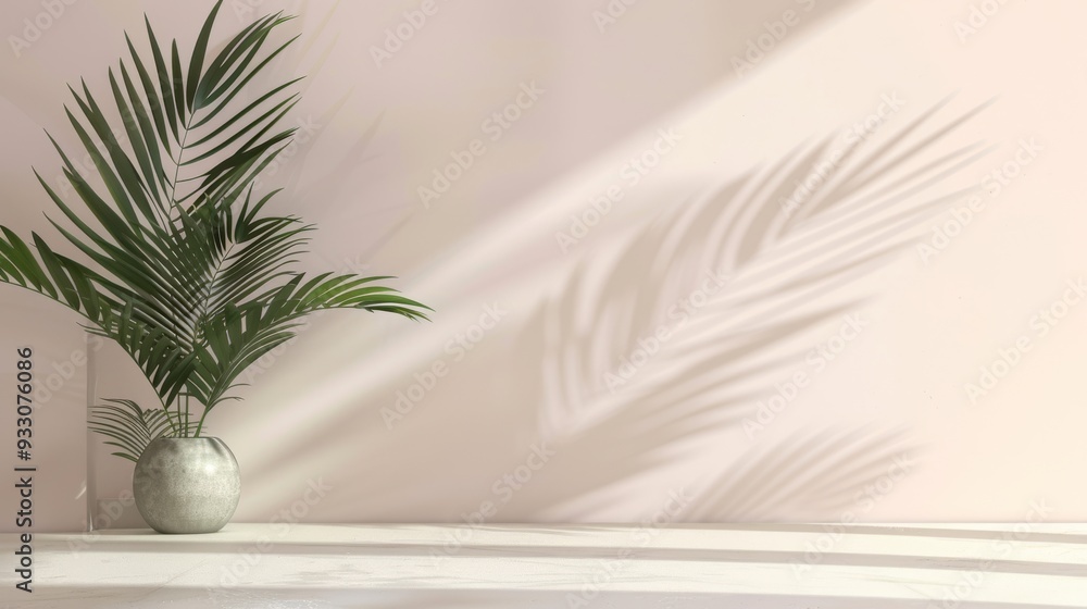 Potted plant set against a light backdrop, with its shadow beautifully cast on the wall, creating a tranquil and natural ambiance. Potted plant set against a light backdrop, with its shadow beautifully cast on the wall, creating a tranquil and natural ambiance.