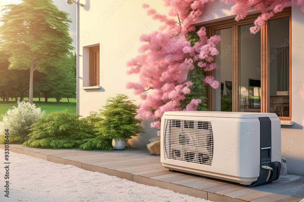 Alternative Heizung, Wärmepumpe vor einem Haus, Generative AI