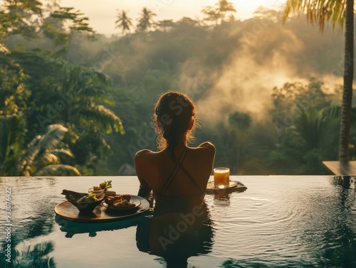 Fototapeta Naklejka Na Ścianę i Meble -  Luxurious morning  woman enjoying breakfast in pool with tropical jungle view at sunrise