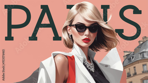 a flat design illustration of a fictional fashion magazine cover featuring a Paris Fashion Week theme