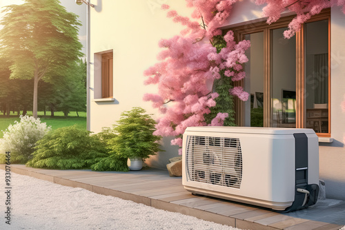 Obraz na płótnie Alternative Heizung, Wärmepumpe vor einem Haus, Generative AI w salonie