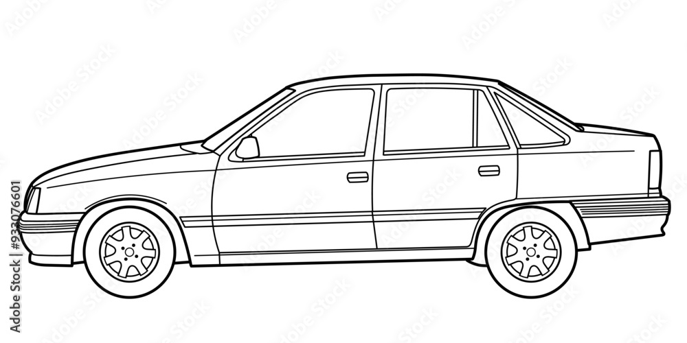Classic city family class sedan car, style from 80s, 90s. 4 door car on white background. Side view shot. Outline doodle vector illustration Classic city family class sedan car, style from 80s, 90s. 4 door car on white background. Side view shot. Outline doodle vector illustration