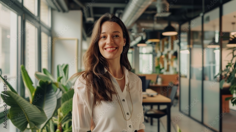A confident professional smiles warmly in a modern office setting filled with plants and natural light. A confident professional smiles warmly in a modern office setting filled with plants and natural light.