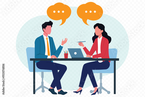 Two people talking - Vector illustration of men in office at work having discussion and conversation with thought bubbles. Flat design with white background.