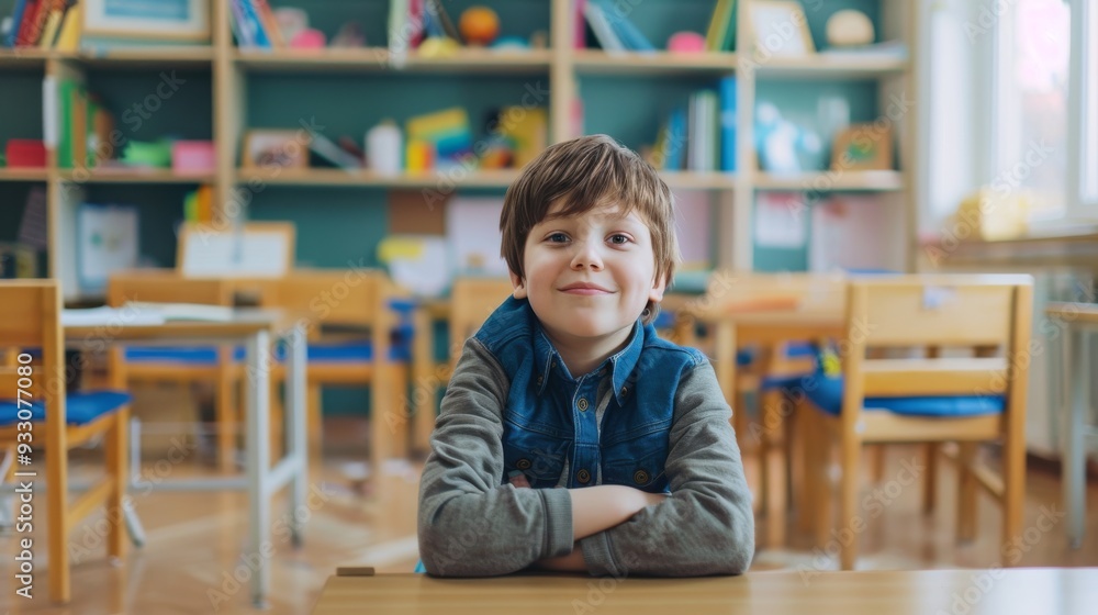 A cheerful young boy sits confidently at his desk in a brightly-colored classroom, reflecting enthusiasm and eagerness to learn. A cheerful young boy sits confidently at his desk in a brightly-colored classroom, reflecting enthusiasm and eagerness to learn.