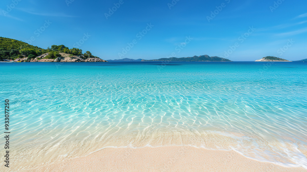 Serene Coastal Paradise, A breathtaking view of a clear beach with distant islands, showcasing a picturesque and tranquil seascape perfect for relaxation and exploration. Serene Coastal Paradise, A breathtaking view of a clear beach with distant islands, showcasing a picturesque and tranquil seascape perfect for relaxation and exploration.