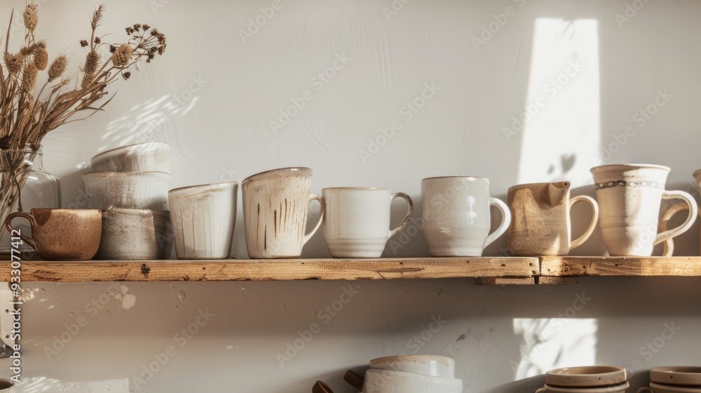 Obraz premium Handcrafted ceramic mugs line a wooden shelf, bathed in soft daylight, showcasing the beauty of handmade artisan pottery.