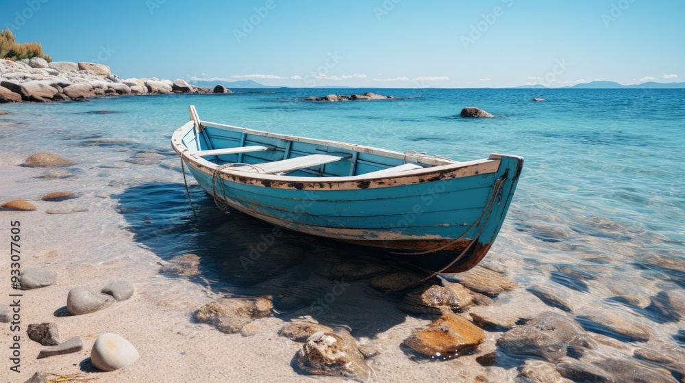 Naklejka premium boat in the ocean HD 8K wallpaper Stock Photographic Image