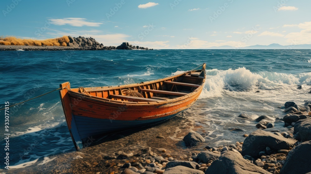 Naklejka premium boat in the ocean HD 8K wallpaper Stock Photographic Image 