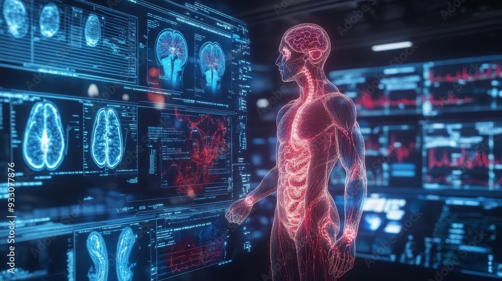 Obraz premium Futuristic holographic display of the human circulatory system with AI-powered diagnostics.