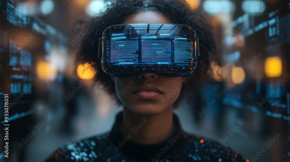 A user immersed in virtual reality technology engages with digital interfaces in a contemporary office space. A user immersed in virtual reality technology engages with digital interfaces in a contemporary office space.