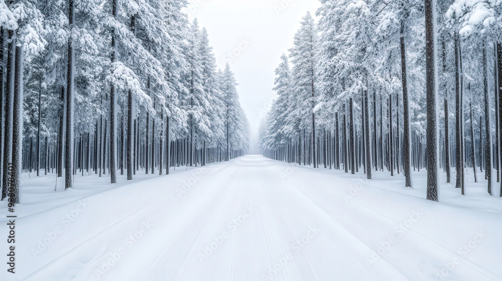 Fototapeta premium Snowy path winding through a serene pine forest, glistening under a blanket of fresh snow, tranquil winter landscape inviting adventure and exploration