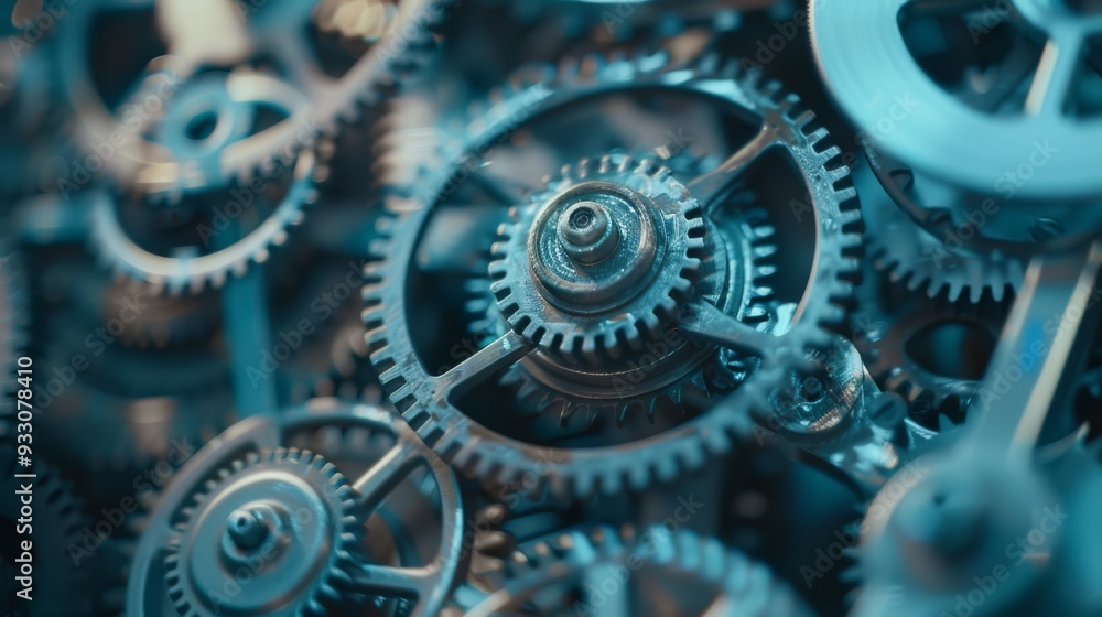 An intricate collection of interlocking gears and cogs, beautifully showcasing mechanical complexity and the art of engineering through sharp details and metallic textures. An intricate collection of interlocking gears and cogs, beautifully showcasing mechanical complexity and the art of engineering through sharp details and metallic textures.