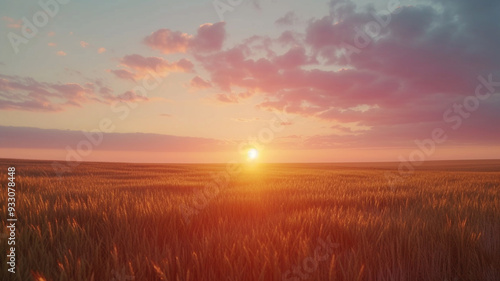 Rural landscape with wheat field on sunset 