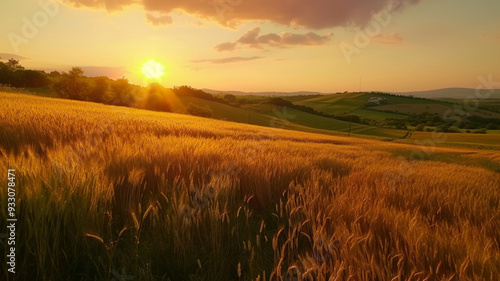 Rural landscape with wheat field on sunset  photo