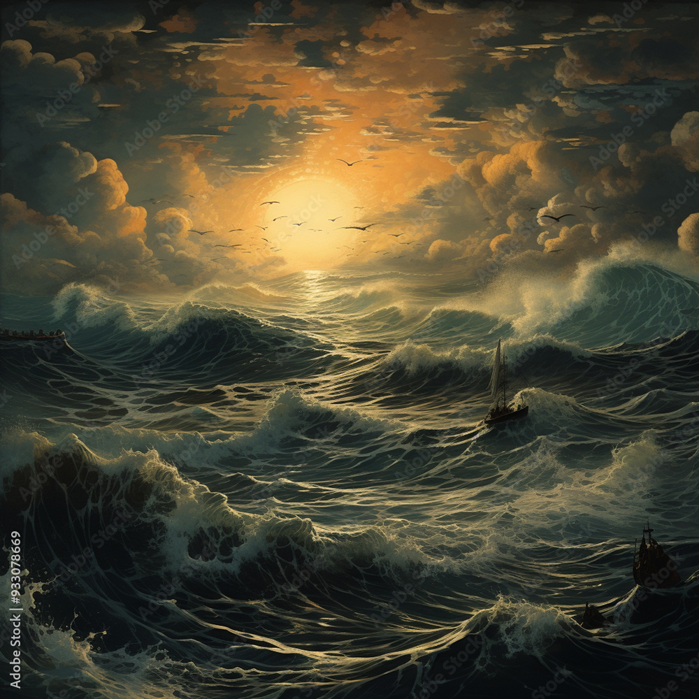 Sunset over the clear blue ocean with waves reflecting the sunlight and a tranquil beach scene. Sunset over the clear blue ocean with waves reflecting the sunlight and a tranquil beach scene.