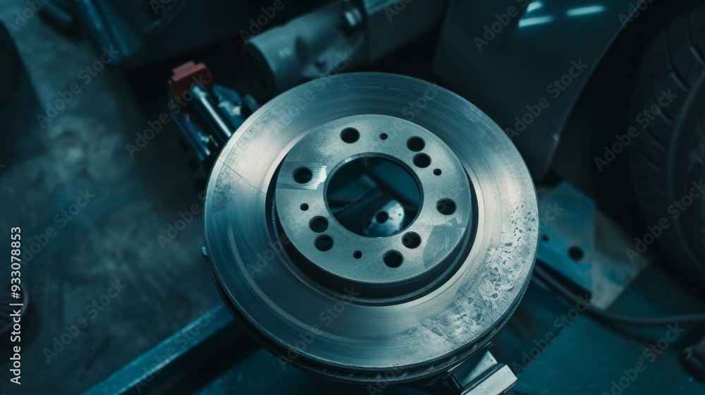A close view of a polished car brake disc, highlighting its metallic texture and intricate design details. A close view of a polished car brake disc, highlighting its metallic texture and intricate design details.