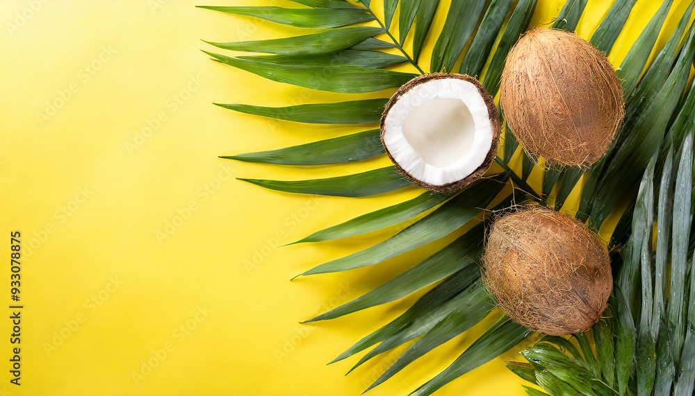 Fresh coconut with tropical leaves on yellow background, summer holiday vibe. Banner with copy space Fresh coconut with tropical leaves on yellow background, summer holiday vibe. Banner with copy space
