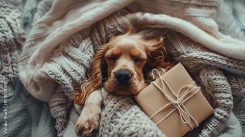 A cute dog snuggled under a blanket holding a gift box, radiating warmth and coziness during the festive season.