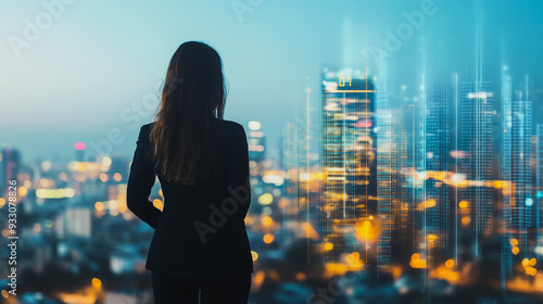 Abstract business woman stands on the peak of success amid tall, innovative Smart city and graphs with statistics to analyze business potential and predict future developments in company growth.