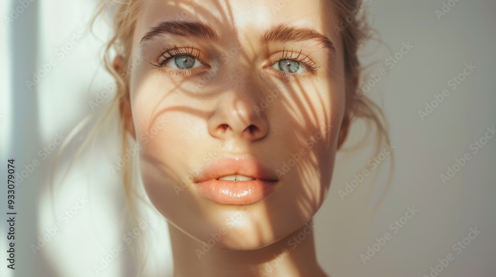 An ethereal portrait with intricate shadows cast on a woman's face, highlighting her clear blue eyes and creating a play of light and shadow. An ethereal portrait with intricate shadows cast on a woman's face, highlighting her clear blue eyes and creating a play of light and shadow.