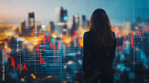 Abstract business woman stands on the peak of success amid tall, innovative Smart city and graphs with statistics to analyze business potential and predict future developments in company growth.