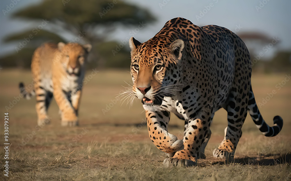 Fototapeta premium Sunset Jaguars and Cheetahs Banner on African Savanna