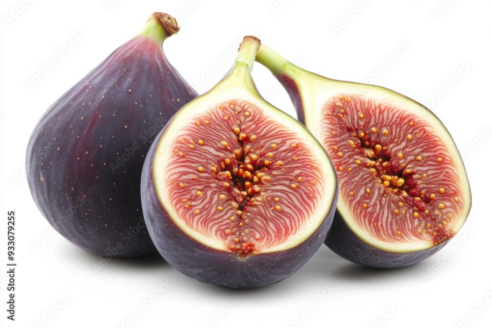 Fresh ripe figs halved with vibrant red seeds isolated on white Fresh ripe figs halved with vibrant red seeds isolated on white