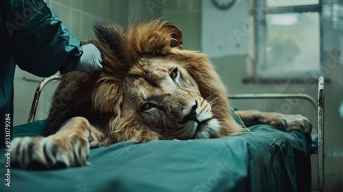 A lion calmly lies on a clinic bed with a concerned veterinarian's hand resting on its mane, highlighting the care and empathy in wildlife medicine. photo