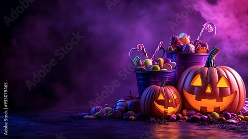 Eerie Halloween scene with jack-o'-lanterns and treat buckets filled with candies against a smoky purple background, festive and spooky.
