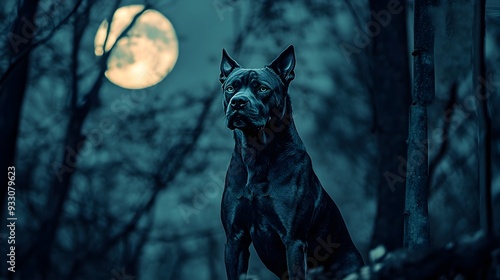 A fearsome Pitbull wearing a werewolf costume stalking through a shadowy spooky forest under a full ominous moon  The Pitbull s glowing eyes and bared fangs give it a terrifying photo