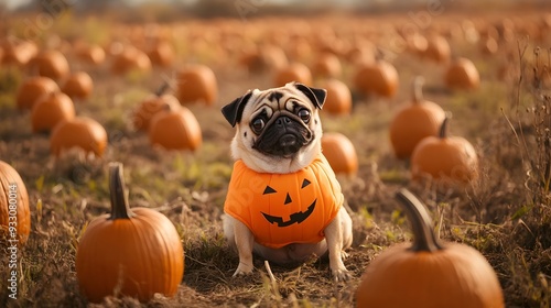 Cute pug dog dressed up in a pumpkin costume sitting comfortably in a field surrounded by jack o lanterns and other fall decor