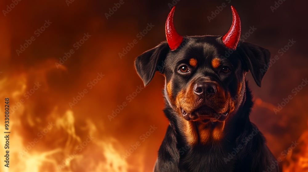 Obraz premium Rottweiler Dog Wearing Devil Costume with Red Horns and Tail Standing in Front of Fiery Backdrop with Ample Copy Space
