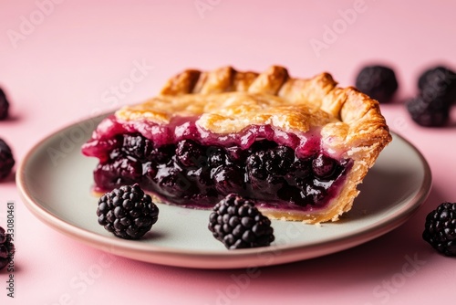 Obraz na płótnie Delicious blackberry pie slice on pastel pink background w salonie