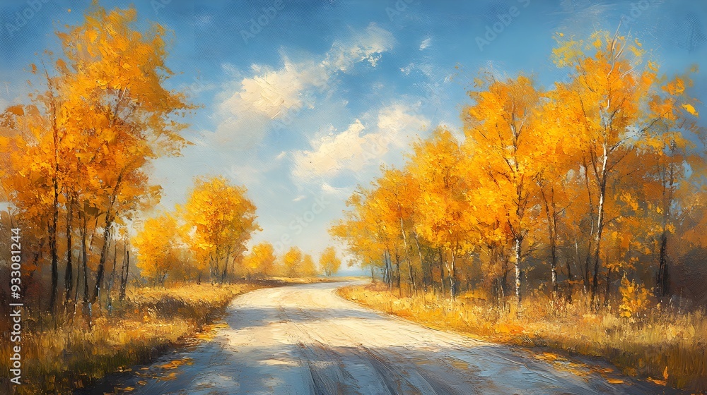 Fototapeta premium Peaceful country road, autumn trees, golden leaves, oil painting style, smooth brushstrokes, serene countryside, warm sunlight
