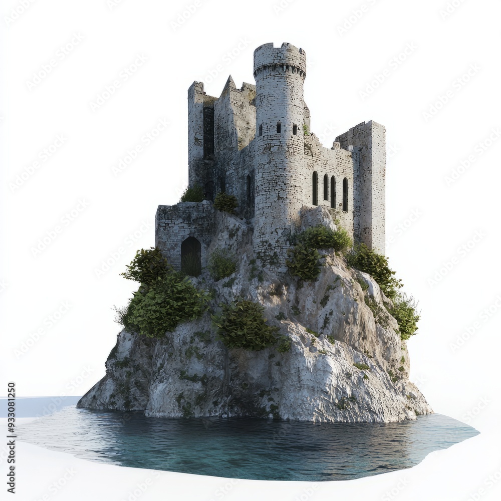 3D Render of a ruined fortress on a cliffside overlooking the sea, on isolated white background 3D Render of a ruined fortress on a cliffside overlooking the sea, on isolated white background