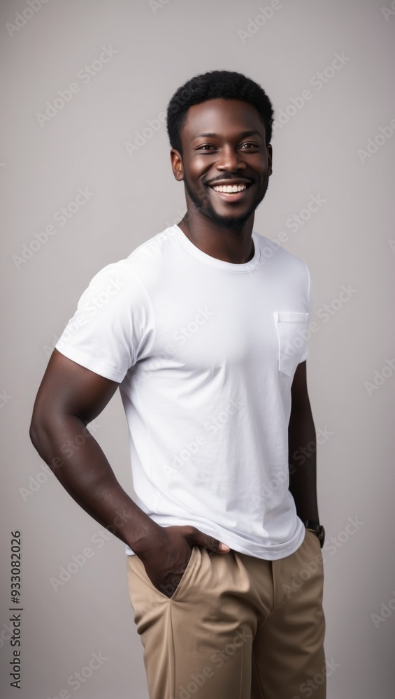 A smiling man in a white t-shirt and khaki pants A smiling man in a white t-shirt and khaki pants