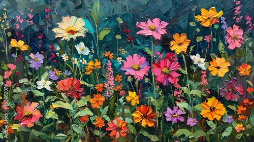 A vibrant garden of flowers in peak bloom, rendered with rich oil painting textures + fine brushwork, highlighting detailed petals and lush greenery photo