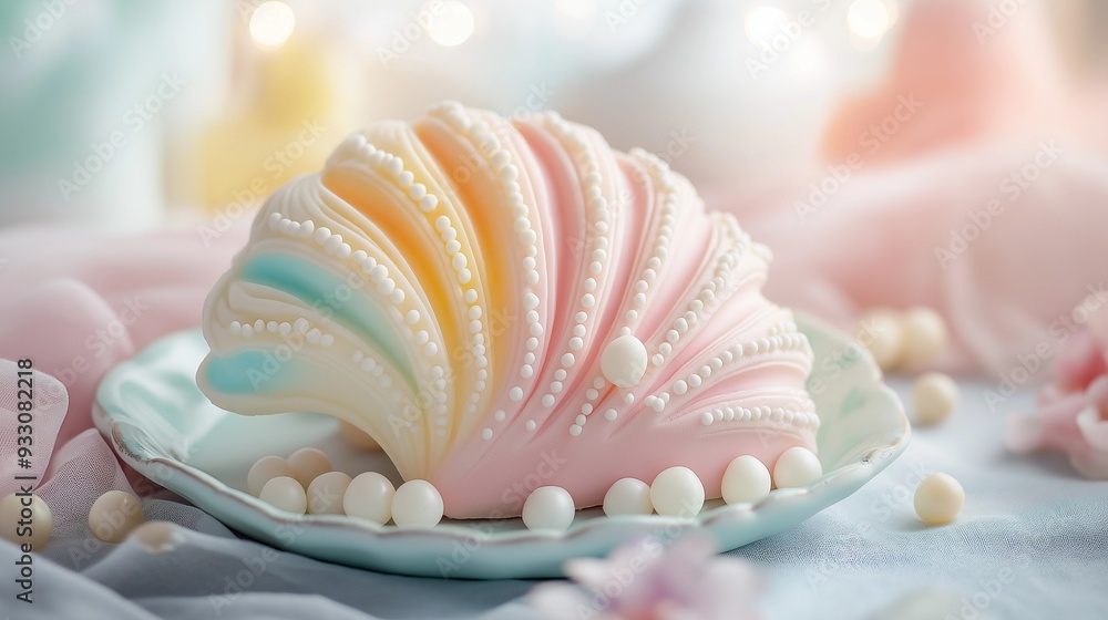 pink and white cupcakes, a cute pastel-colored cream cake shaped like a seashell, decorative pink and white cupcakes, a cute pastel-colored cream cake shaped like a seashell, decorative