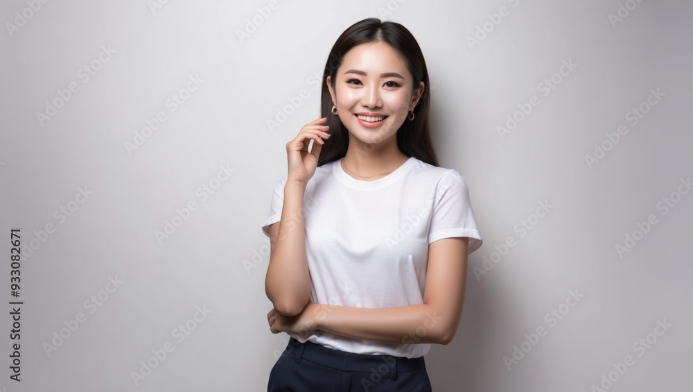 A smiling woman is posing with a phone A smiling woman is posing with a phone