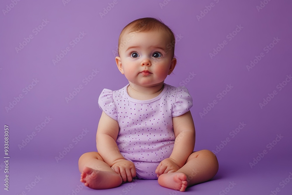 baby sitting on empty lilac color background baby sitting on empty lilac color background