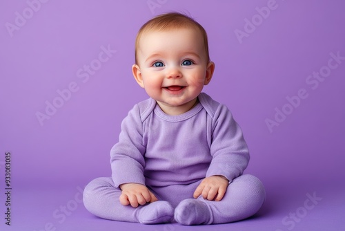 baby sitting on empty lilac color background