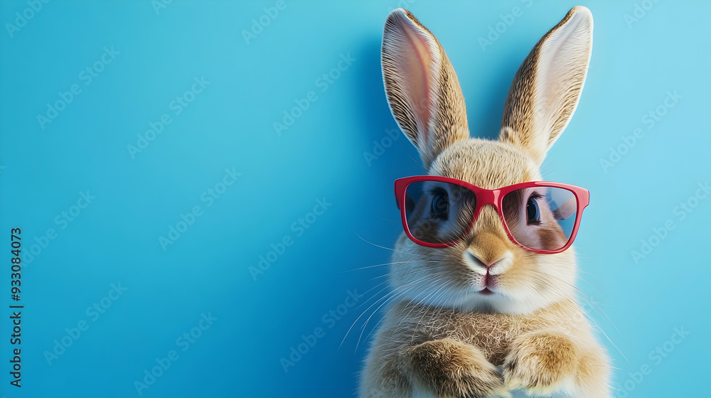 Cool bunny with sunglasses. Easter party concept. Isolated on blue background Cool bunny with sunglasses. Easter party concept. Isolated on blue background