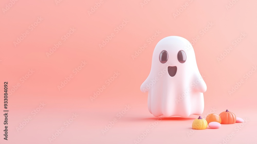 A cute ghost toy with a happy face, surrounded by colorful candy, perfect for Halloween-themed decorations or events. A cute ghost toy with a happy face, surrounded by colorful candy, perfect for Halloween-themed decorations or events.