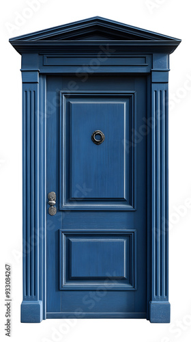 Classic wooden navy blue framed door isolated on white background