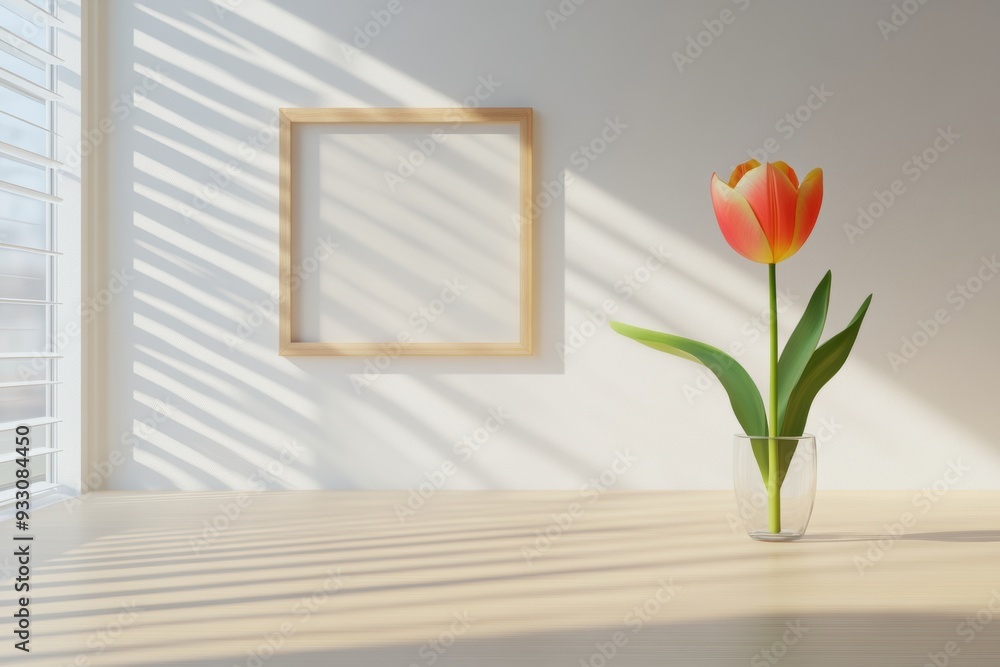 Minimalist interior with tulip in vase empty picture frame Minimalist interior with tulip in vase empty picture frame