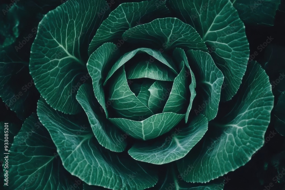 Lush green cabbage head close-up with intricate leaf patterns Lush green cabbage head close-up with intricate leaf patterns