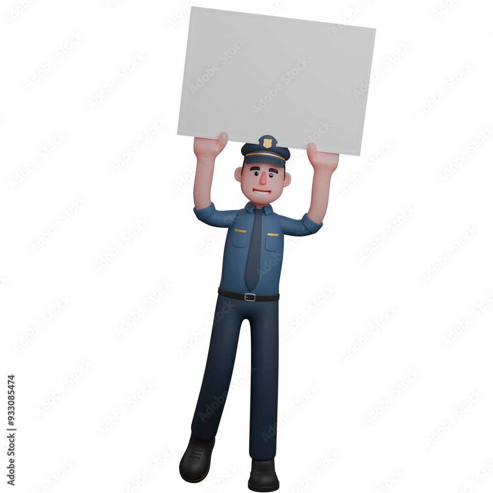 Professional 3D Male Law Enforcement. A police officer is holding a blank sign above his head with both hands. Cartoon Professional 3D Male Law Enforcement. A police officer is holding a blank sign above his head with both hands. Cartoon
