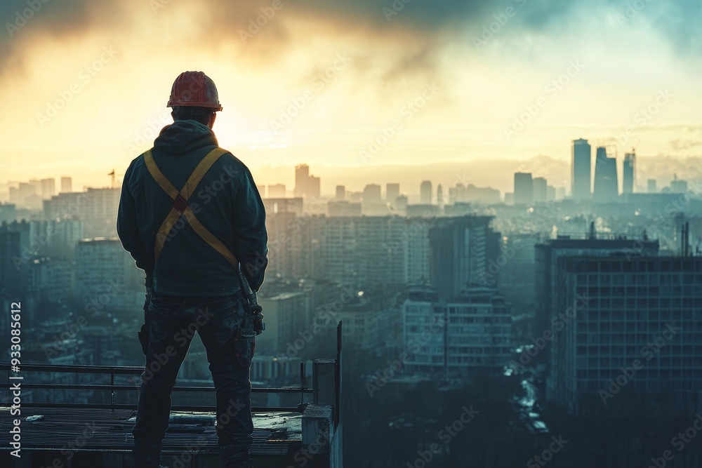 Builder in urban backdrop a man standing tall amidst the cityscape in a striking photograph Builder in urban backdrop a man standing tall amidst the cityscape in a striking photograph