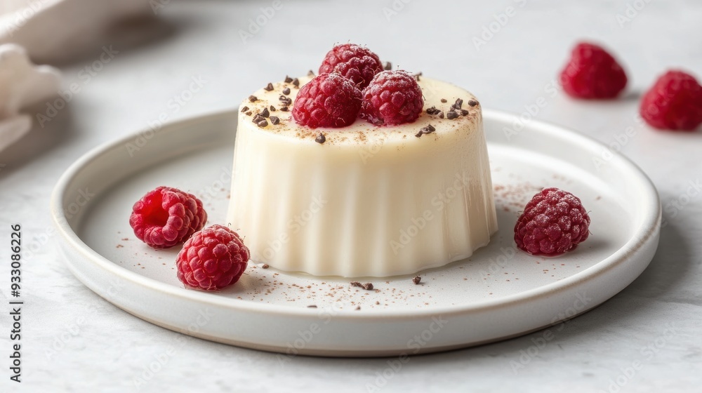 Delicious panna cotta dessert with fresh raspberries on elegant plate Delicious panna cotta dessert with fresh raspberries on elegant plate